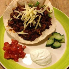 Bitter Chocolate Chilli with Tortilla, Salsa, Sour Cream and Cucumber